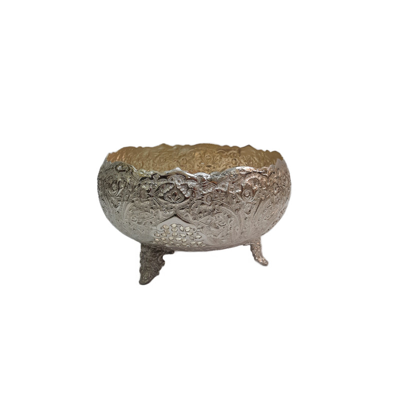 کاسه قلمزنی مدل پایه دار طرح گل ومرغ 