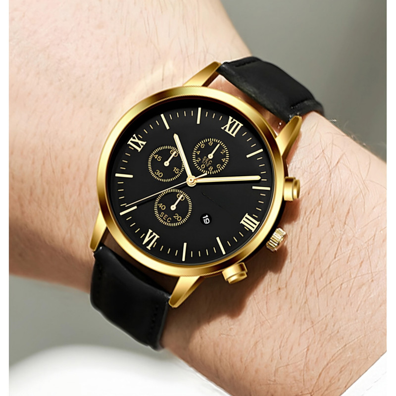 ساعت مچی عقربه‌ای مردانه مدل تک موتوره بند چرم تقویم دار