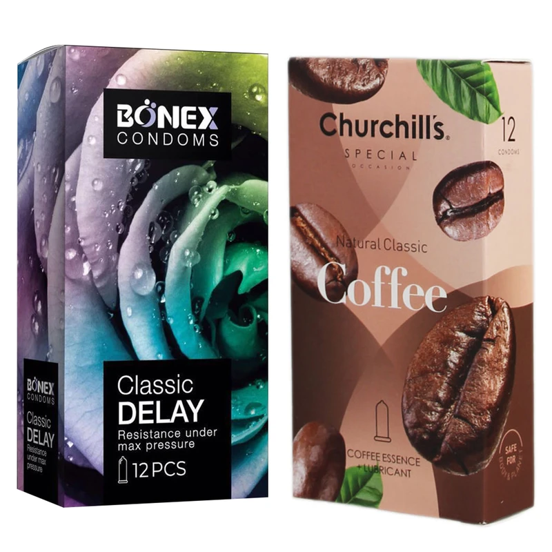 کاندوم چرچیلز مدل Coffee بسته 12 عددی به همراه کاندوم بونکس مدل Classic Delay بسته 12 عددی