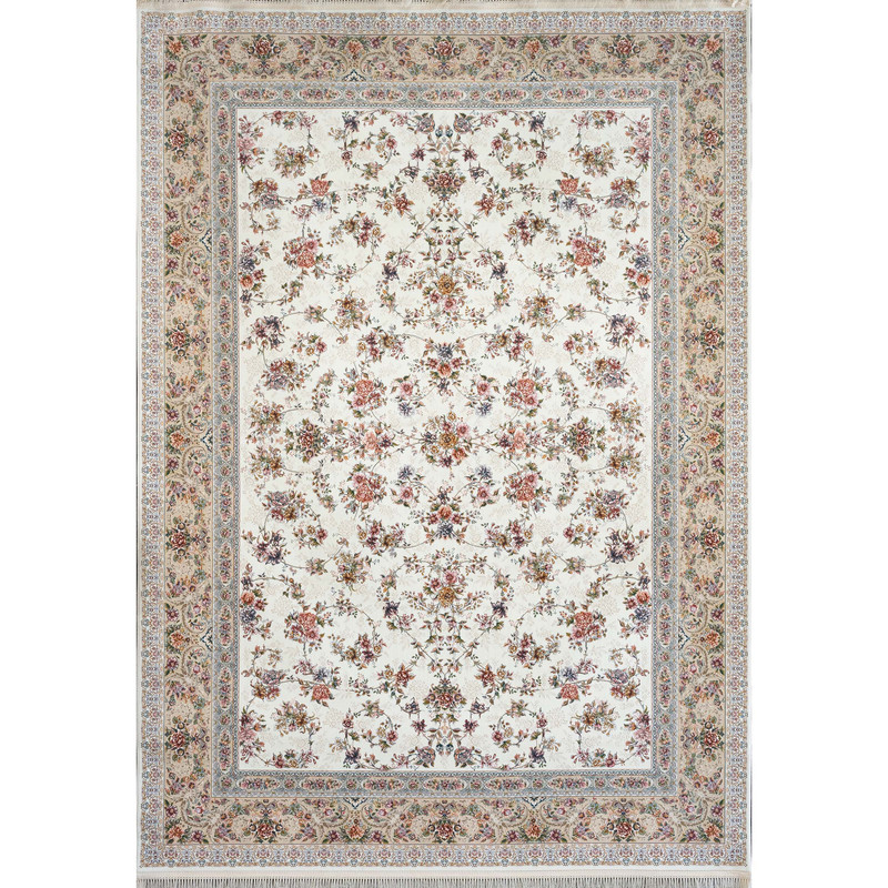 فرش ماشینی 1200 شانه زمینه سفید حاشیه صدفی مدل بهشت