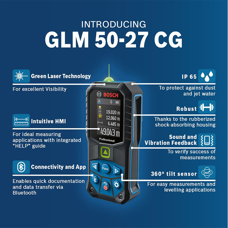 متر لیزری بوش مدل فوق هوشمند نور سبز GLM 50-27 CG Professional