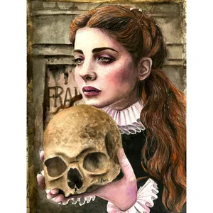 تابلو نقاشی آبرنگ طرح دختر و جمجمه