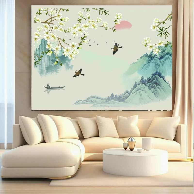  پوستر پارچه ای طرح مخمل تابلو هنری شرقی مدل شاخه شکوفه و کوهستان کد FP106444