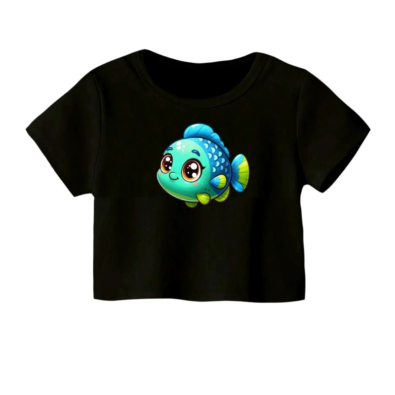 کراپ‌ تی‌شرت آستین کوتاه زنانه مدل ماهی کارتونی کد 01