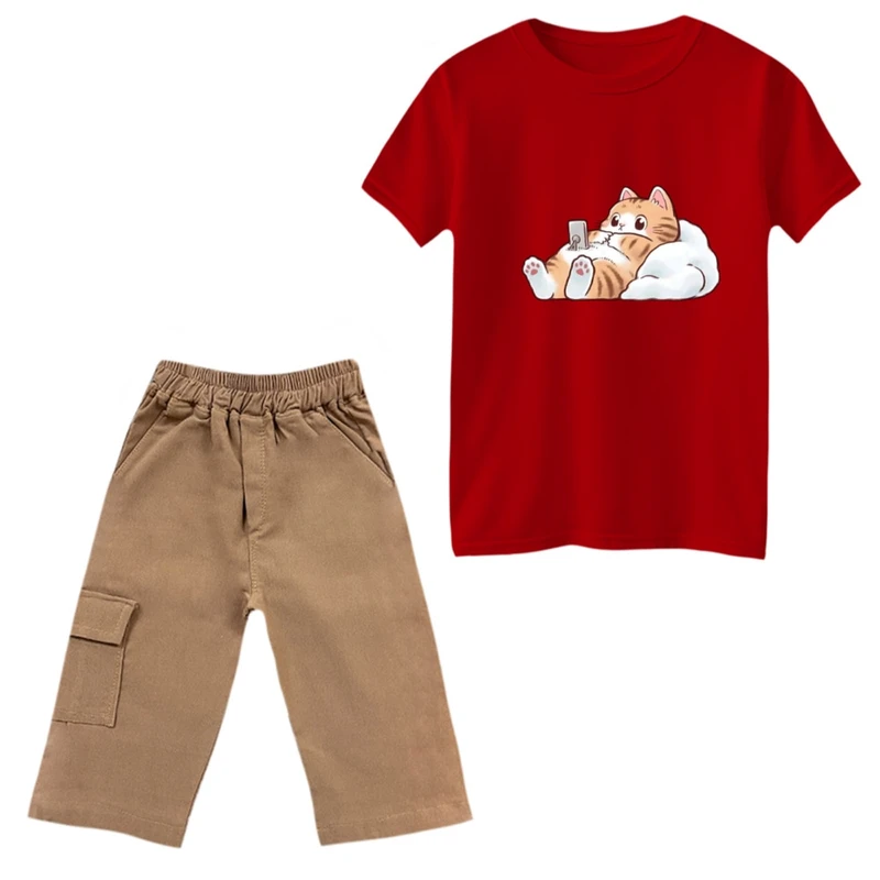 ست تی‌شرت و شلوارک دخترانه مدل گربه و بالشت