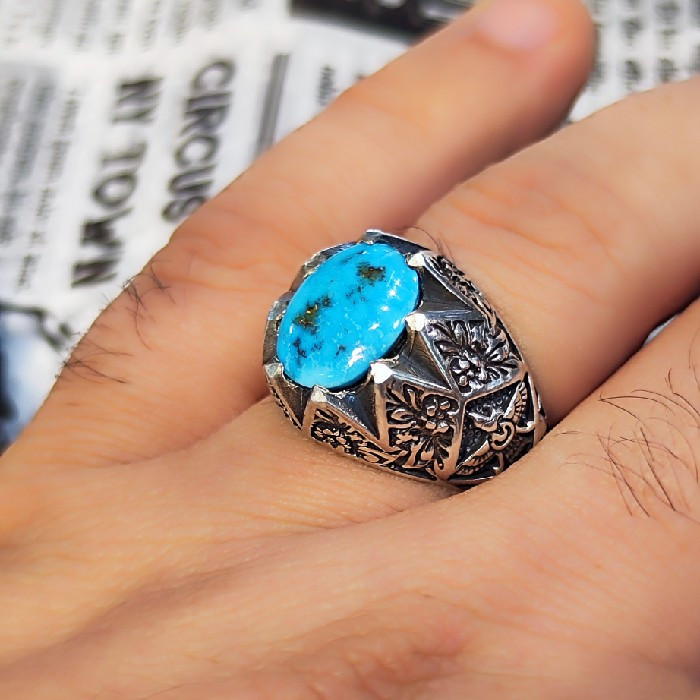 انگشتر نقره مردانه مدل سنگ فیروزه نیشابور رکاب دست ساز کد 6488
