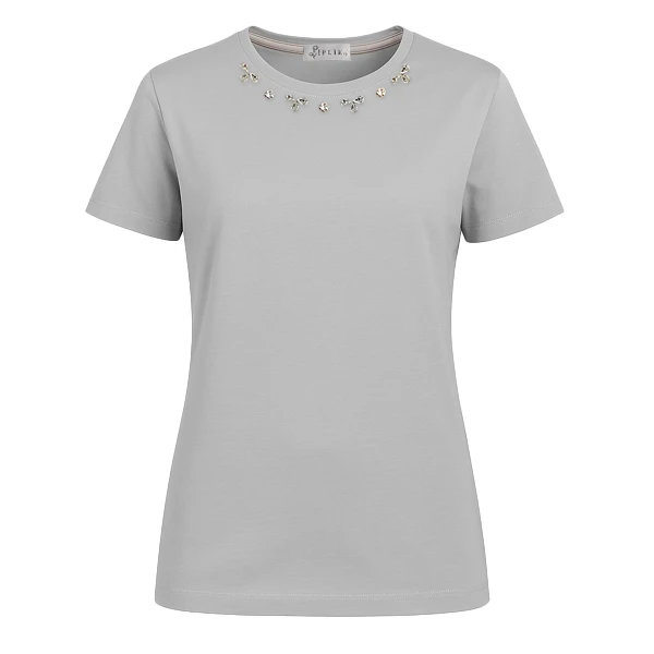 تی‌شرت آستین کوتاه زنانه ایپلیک زی مدل یقه سنگ دوزی کد IP21.2