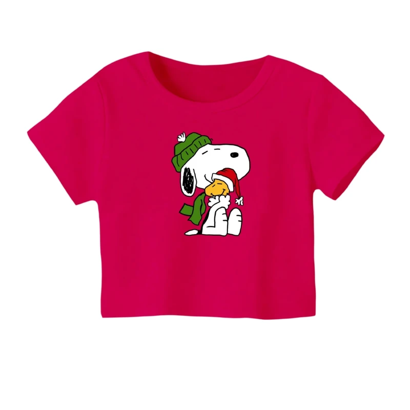 کراپ‌ تی‌شرت آستین کوتاه زنانه مدل اسنوپی کریسمس کد 7