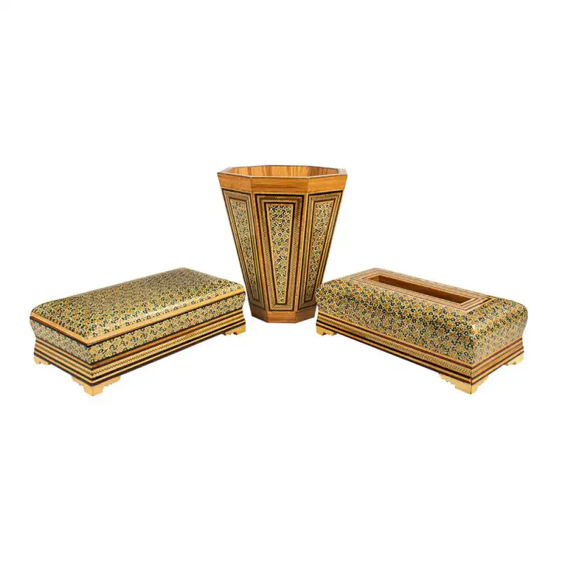 ست سه تکه جعبه دستمال کاغذی و سطل خاتم کاری کد 25-1