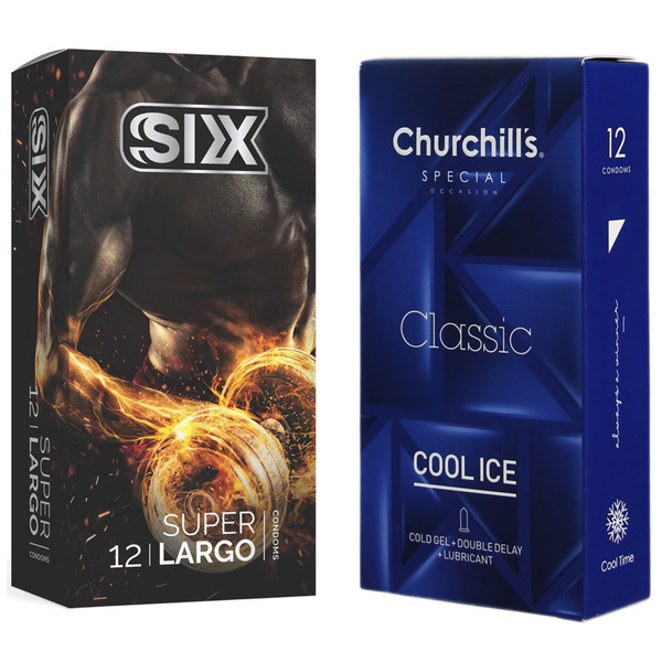 کاندوم چرچیلز مدل Cool Ice بسته 12 عددی به همراه کاندوم سیکس مدل سفت کننده و بزرگ کننده بسته 12 عددی 
