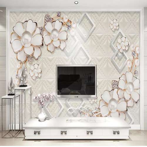 پوستر دیواری سه بعدی مدل گل سفید مرواریدی لبه طلایی زمینه هندسی DVRF1506