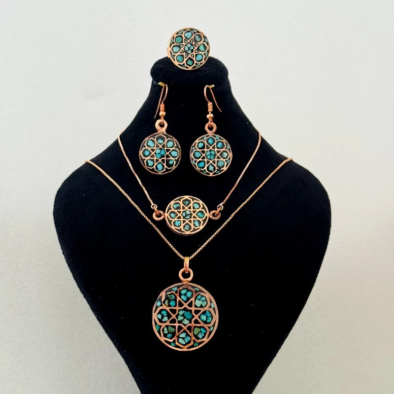 ست زیورآلات دست ساز زنانه مدل مسی فیروزه کوبی مدل 2