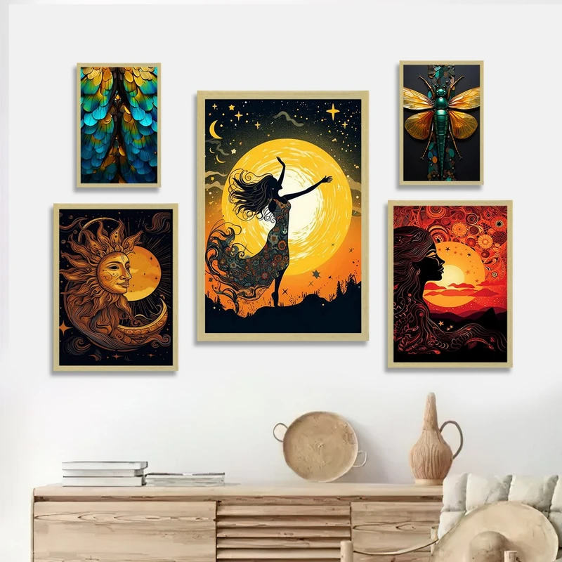 تابلو بکلیت طرح نقاشی  مدرن سنجاقک و پر طاووس مدل BE-1194 مجموعه 5 عددی