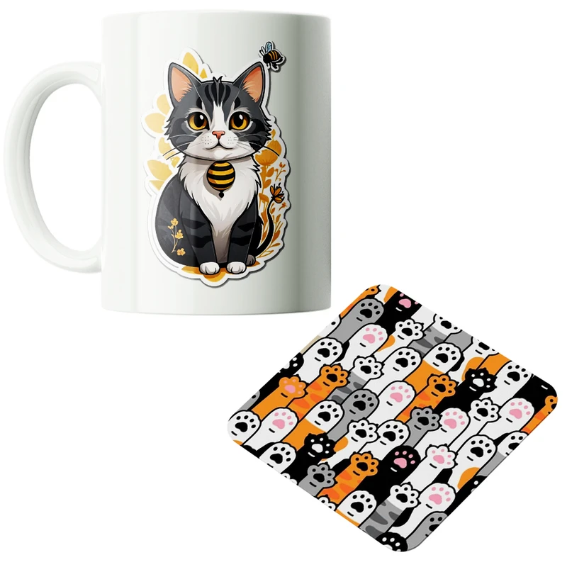 ماگ پاد آفرین مدل گربه کیوت فانتزی بامزه کارتونی کد PZ512 به همراه زیرلیوانی