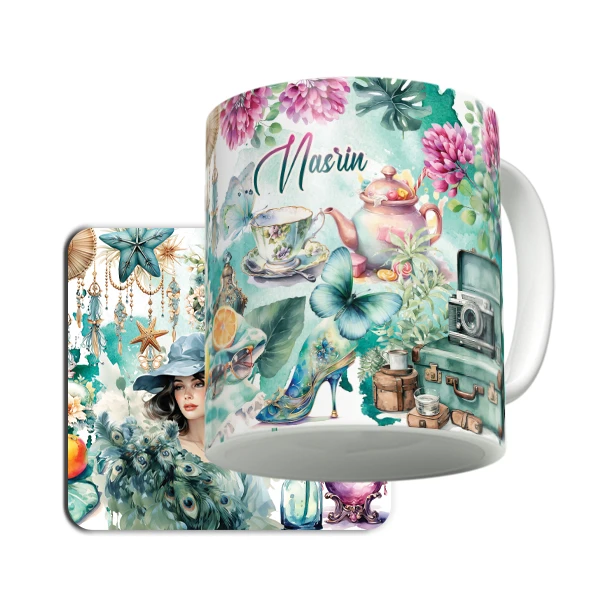 ماگ لاژید مدل اسم نسرین طرح نقاشی آبرنگ به همراه زیر لیوانی