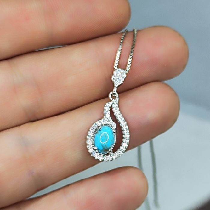 گردنبند نقره زنانه مدل سنگ فیروزه نیشابور آبکاری رادیوم کد 94006 -  - 7