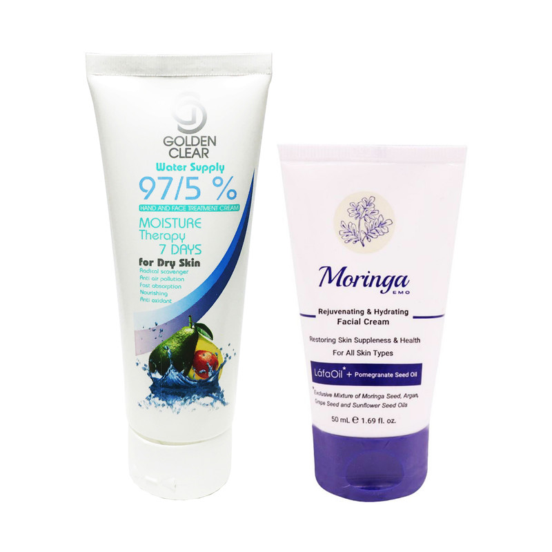 کرم مرطوب کننده گلدن کلیر مدل آووکادو حجم 75 میلی لیتر به همراه کرم آبرسان مورینگا امو مدل Rejuvenating حجم 50 میلی لیتر