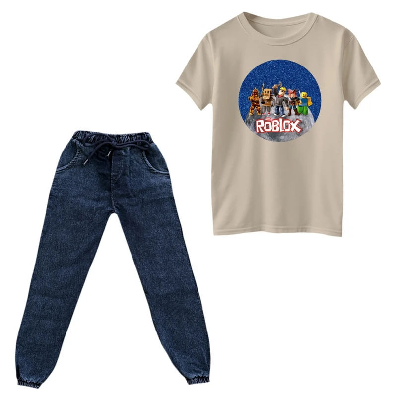 ست تی‌شرت و شلوار پسرانه مدل روبلاکس کد 5 رنگ کرم