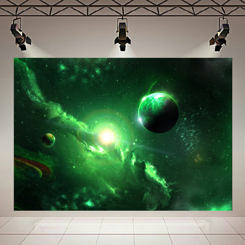 پوستر مدل بک لایت طرح کهکشان و ستارگان پرتوهای نورانی سبز رنگ