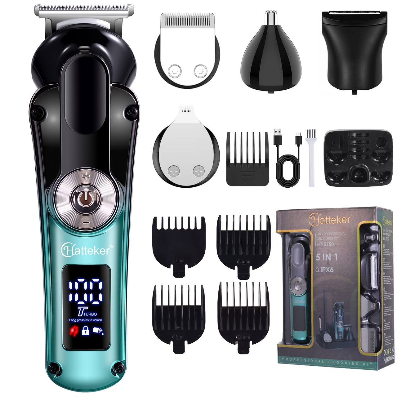 ماشین اصلاح موی سر و صورت شارژی هاتکر مدل HT-6150 با تیغه‌های ضد التهاب و خودتیزشونده، طراحی ارگونومیک، مقاوم در برابر آب، استفاده خشک و مرطوب، نمایشگر میزان شارژ، شارژ سریع و باتری 600 میلی‌آمپر ساعت