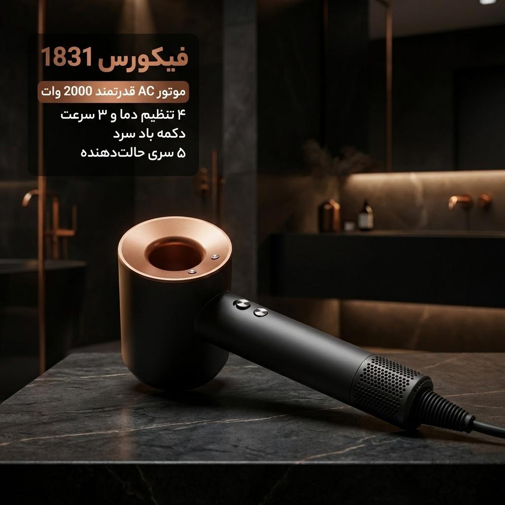 سشوار حرفه‌ای فیکورس مدل 1831 با توان 2000 وات، موتور AC کم‌صدا، چهار حالت تنظیم دما، سه سرعت مختلف، دکمه باد سرد، طراحی ارگونومیک و پنج سری حالت‌دهنده