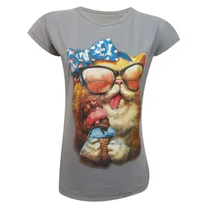 تی شرت آستین کوتاه زنانه مدل نخی ویسکوز چاپی گربه بستنی خور کد tm-2165 