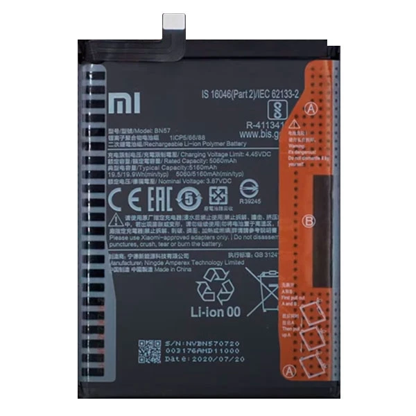 باتری موبایل مدل bn57 ظرفیت 5160 میلی آمپر ساعت مناسب برای گوشی موبایل شیائومی poco x3 , poco x3 pro