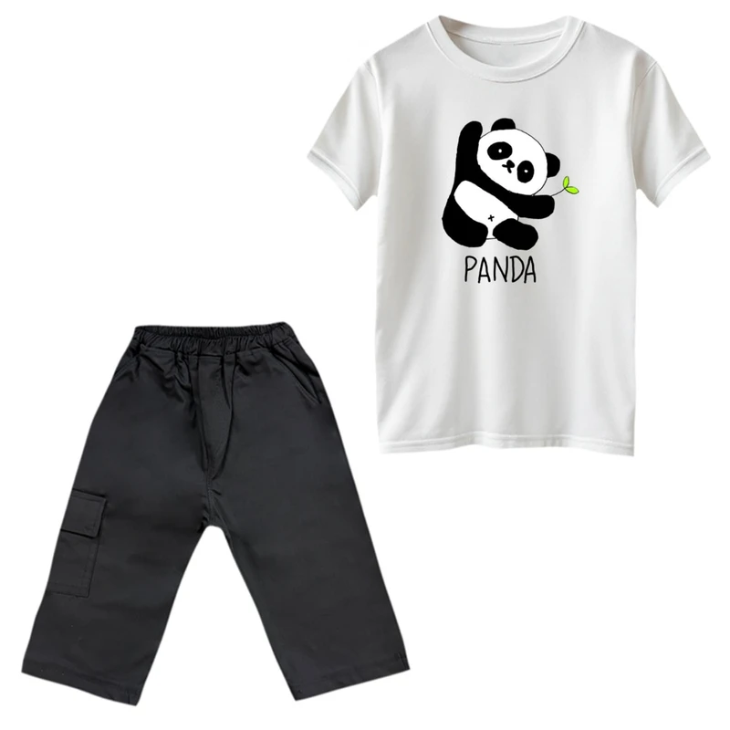 ست تی‌شرت و شلوارک پسرانه مدل پاندا و برگ رنگ سفید