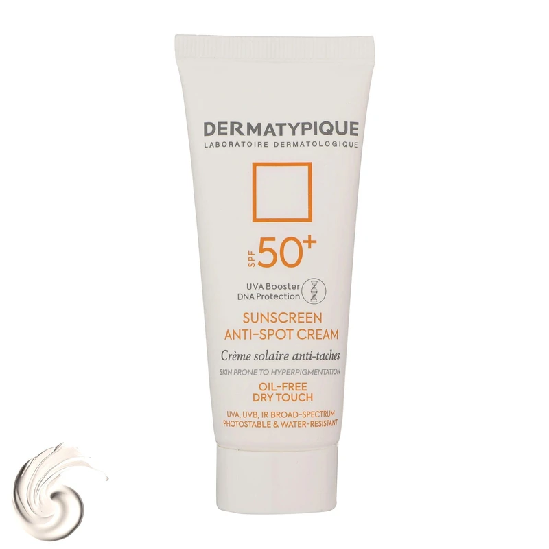 کرم ضدآفتاب بی‌رنگ درماتیپیک SPF50 مدل Anti spot مناسب انواع پوست، حجم 40 میلی‌لیتر