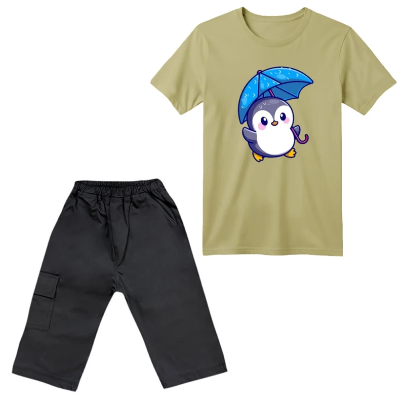 ست تی‌شرت آستین کوتاه و شلوارک پسرانه مدل پنگوئن کد ۵