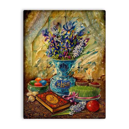 کاشی اطلس آبی طرح سبزه و سفره هفت سین عید نوروز مدل T1559 