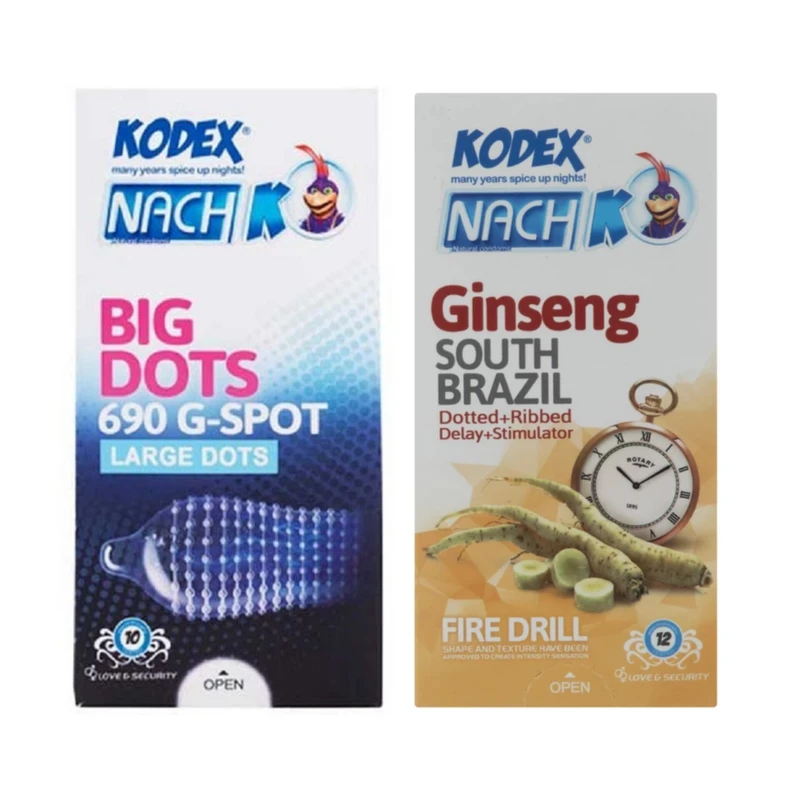 کاندوم خاردار ناچ کدکس مدل بیگ دات بسته 10 عددی به همراه کاندوم تاخیری ناچ کدکس مدل جنسینگ بسته 12 عددی