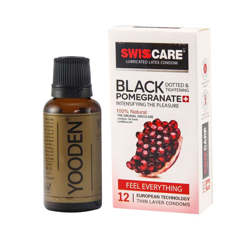 کاندوم سوئیسکر مدل Black Pomegranate بسته 12 عددی به همراه روغن یودن کد 01 حجم 30 میلی لیتر کاندوم سوئیسکر مدل Black Pomegranate بسته 12 عددی به همراه روغن یودن کد 01 حجم 30 میلی لیتر