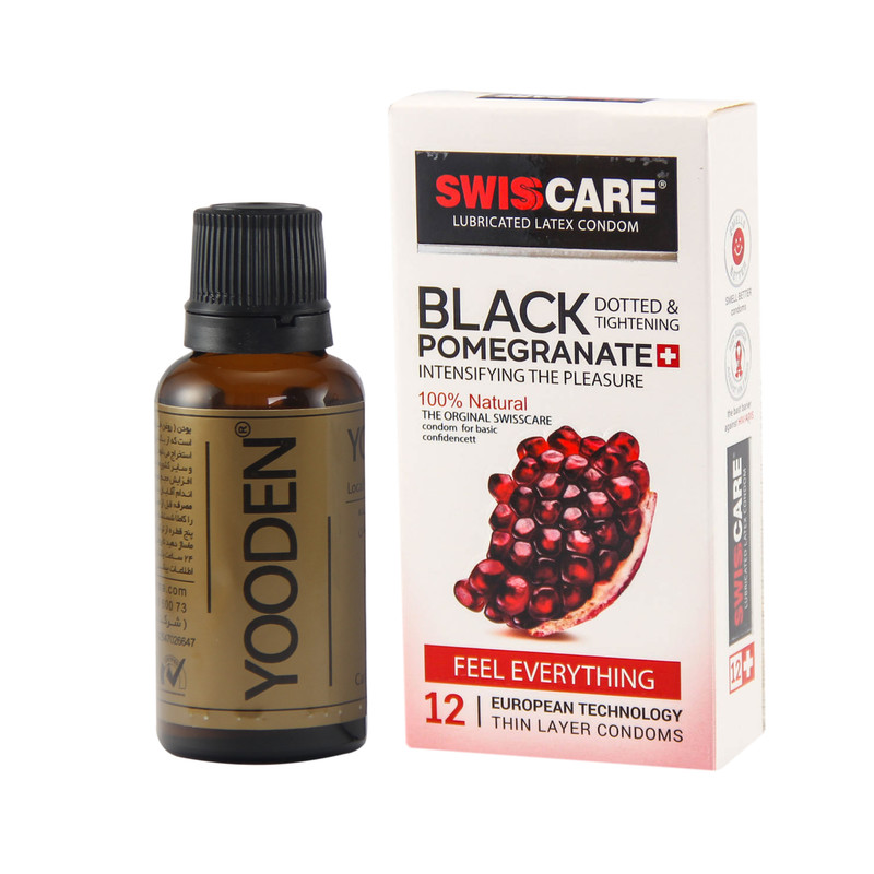 کاندوم سوئیسکر مدل Black Pomegranate بسته 12 عددی به همراه روغن یودن کد 01 حجم 30 میلی لیتر کاندوم سوئیسکر مدل Black Pomegranate بسته 12 عددی به همراه روغن یودن کد 01 حجم 30 میلی لیتر
