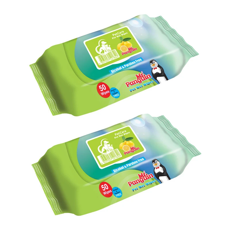 دستمال مرطوب حیوانات خانگی مستر پنگوئن مدل Lemon وزن 300 گرم بسته 2 عددی