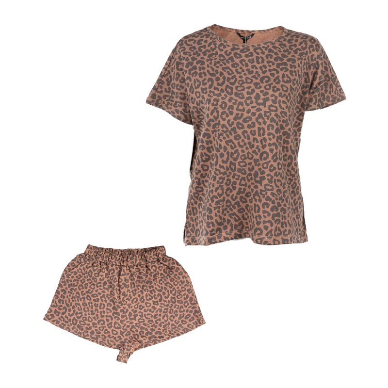 ست تی شرت و شلوارک زنانه جوتی جینز مدل پلنگی کد 96968 رنگ قهوه ای
