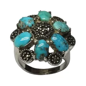 انگشتر نقره زنانه مدل گل فیروزه ی نیشابوری 