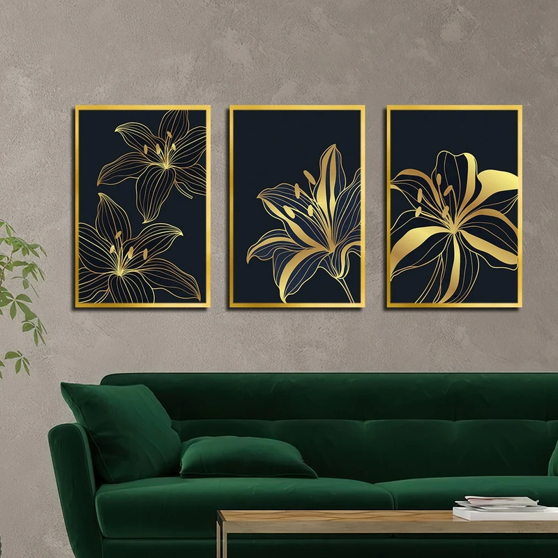 تابلو بکلیت طرح نقاشی گل طلایی مدل شاین اکلیلی T-3158 مجموعه 3 عددی