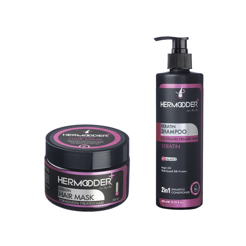  شامپو مو هرمودر مدل Keratin مناسب برای مو کراتین شده حجم 400 میلی لیتر به همراه ماسک مو هرمودر مدل Keratin مناسب برای مو کراتین شده حجم 300 میلی لیتر 
