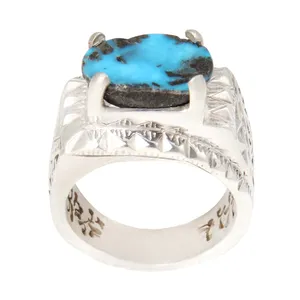 انگشتر نقره مردانه بازرگانی میلادی مدل سنگ فیروزه طبیعی نیشابور رکاب دست ساز سیاه قلم کد AM_2047