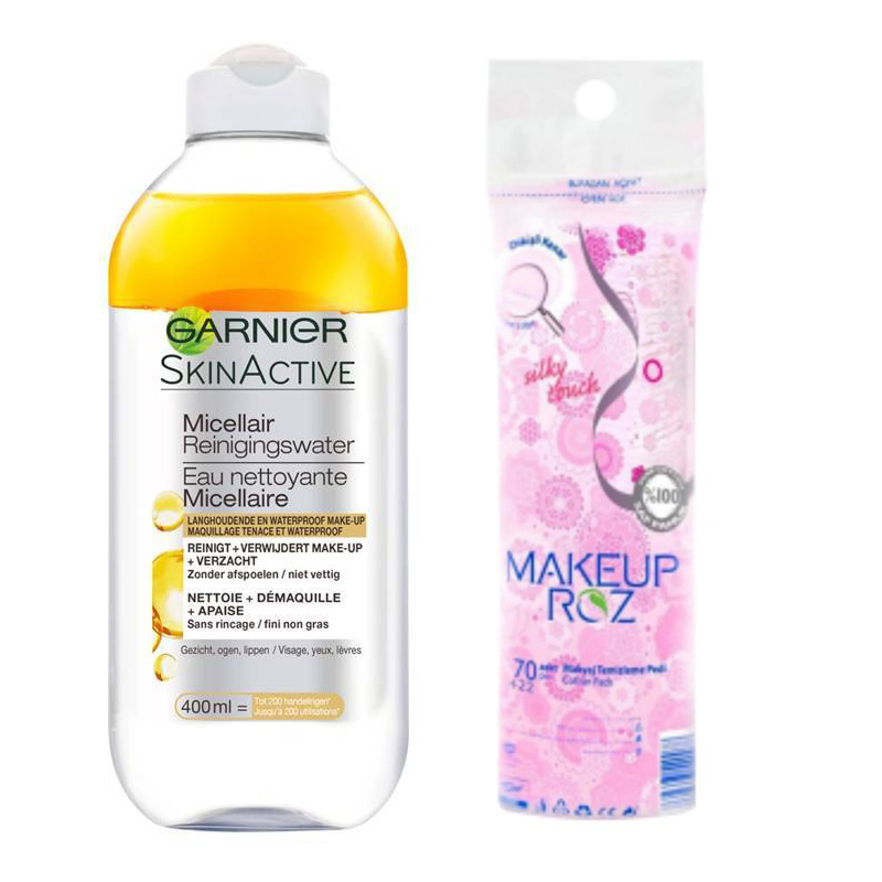 محلول پاک کننده آرایش صورت گارنیه مدل Argan حجم 400 میلی لیتر به همراه پد  پاک کننده آرایش صورت میکاپ رز بسته  92 عددی