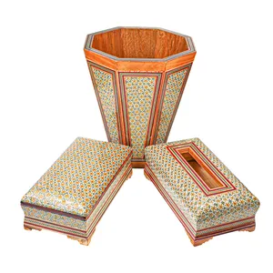 ست 3 تکه سطل و جعبه دستمال کاغذی و جعبه کارد و چنگال خاتم کاری کد 20