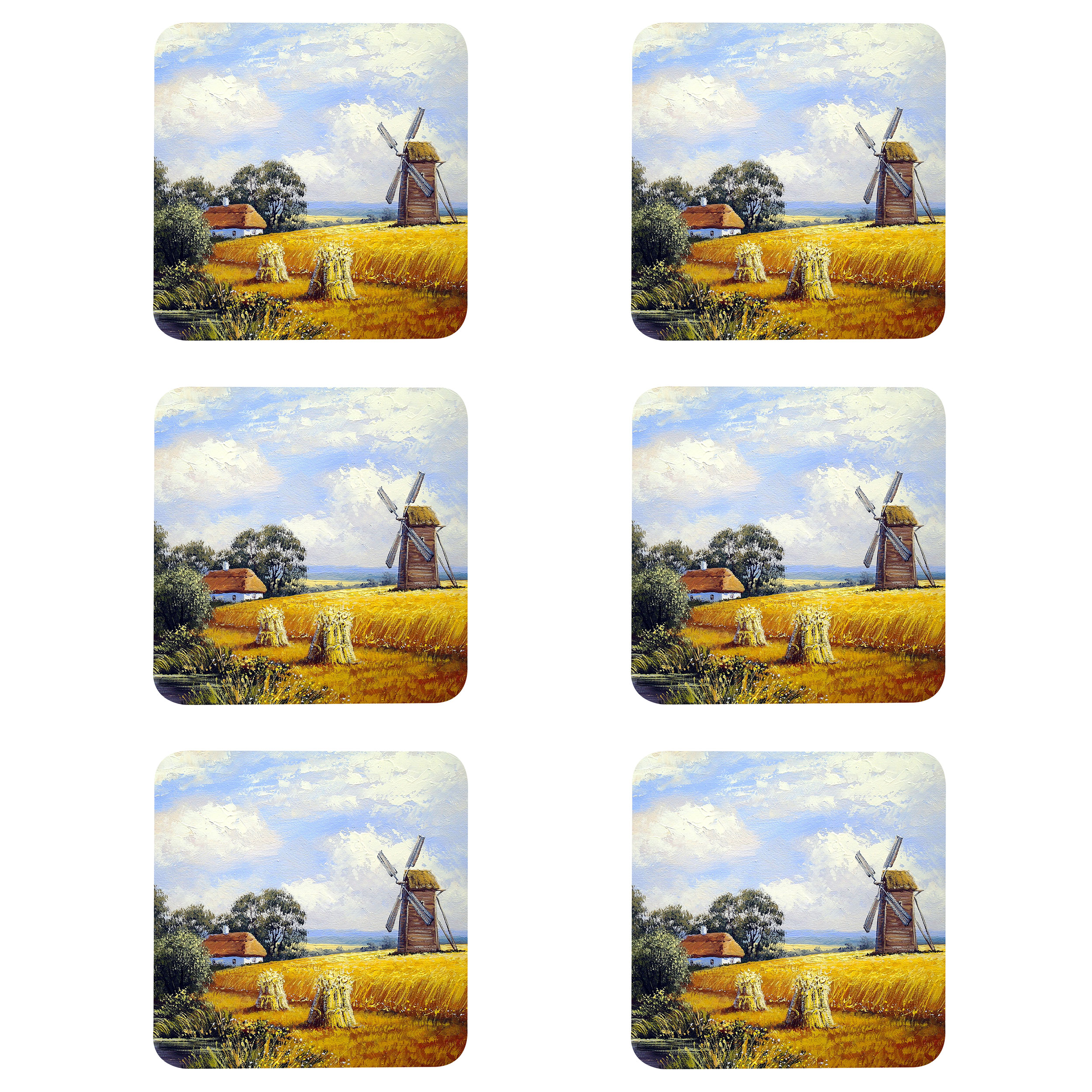 زیر لیوانی مدل Z1018 طرح نقاشی منظره مزرعه آسیاب بادی و کلبه بسته شش عددی
