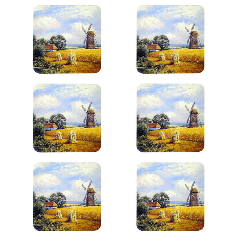 زیر لیوانی مدل Z1018 طرح نقاشی منظره مزرعه آسیاب بادی و کلبه بسته شش عددی