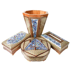 ست 4 تکه سطل و جعبه دستمال کاغذی و جعبه کارد و چنگال و شکلات خوری خاتم کاری مدل نقاشی برجسته