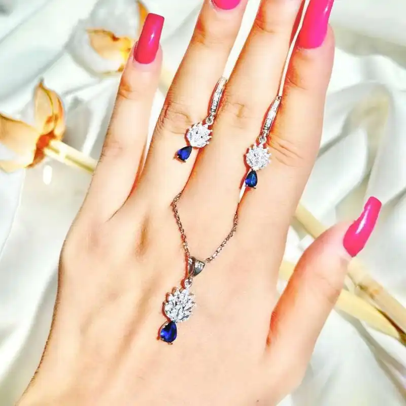 نیم ست نقره زنانه مدل گندم نگین کبود BARF 19