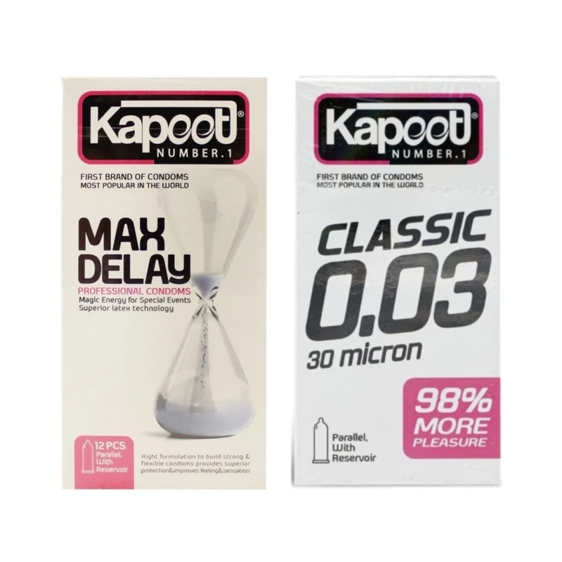 کاندوم کلاسیک کاپوت مدل CLASSIC 0.03 بسته 10 عددی به همراه کاندوم تاخیری کاپوت مدل MAX DELAY بسته 12 عددی