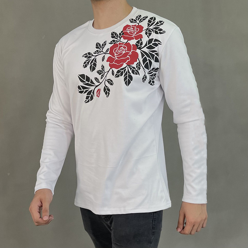 تی شرت آستین بلند مردانه مدل دو رو پنبه گل رز رنگ سفید