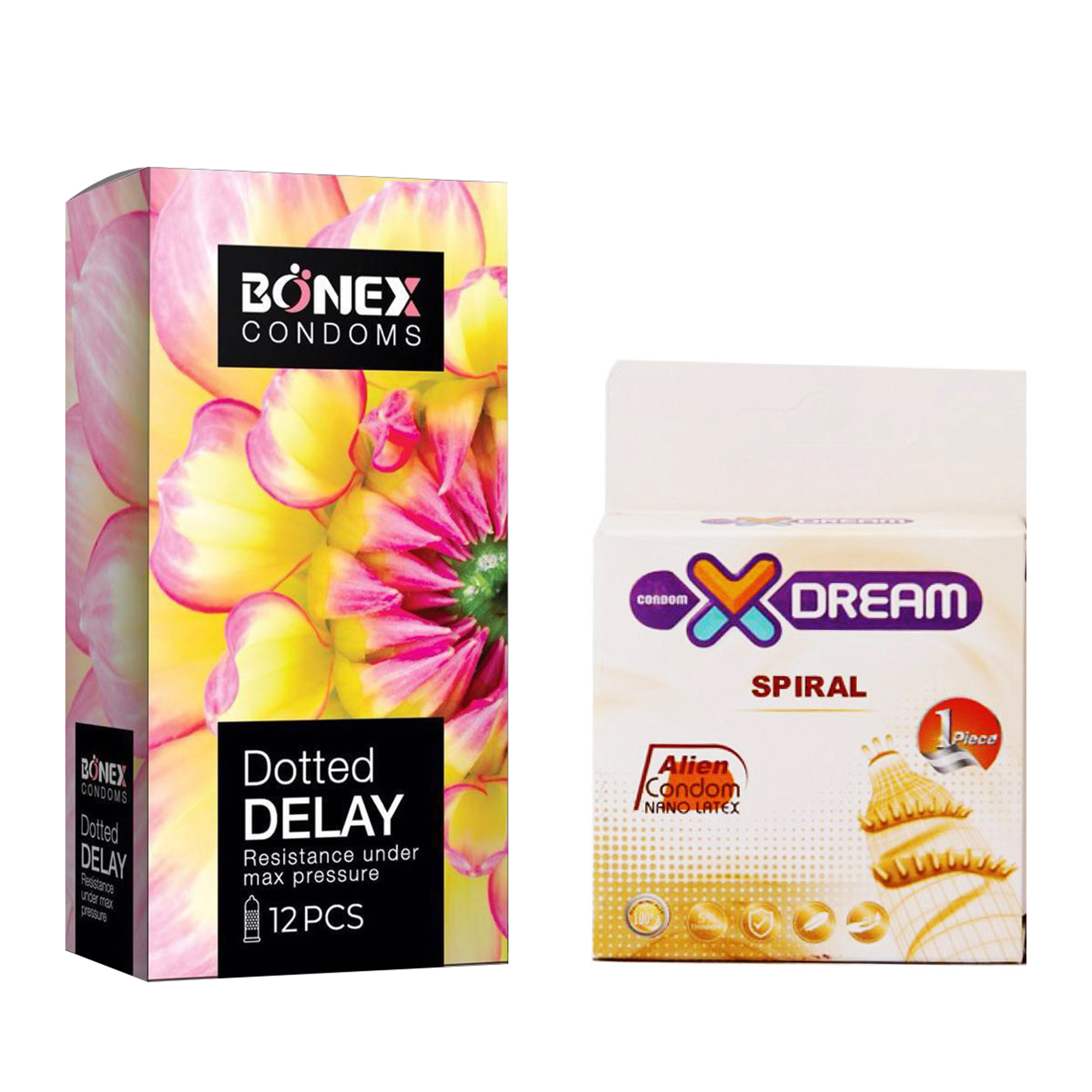 کاندوم بونکس مدل Dotted Delay بسته 12 عددی به همراه کاندوم ایکس دریم مدل Spiral