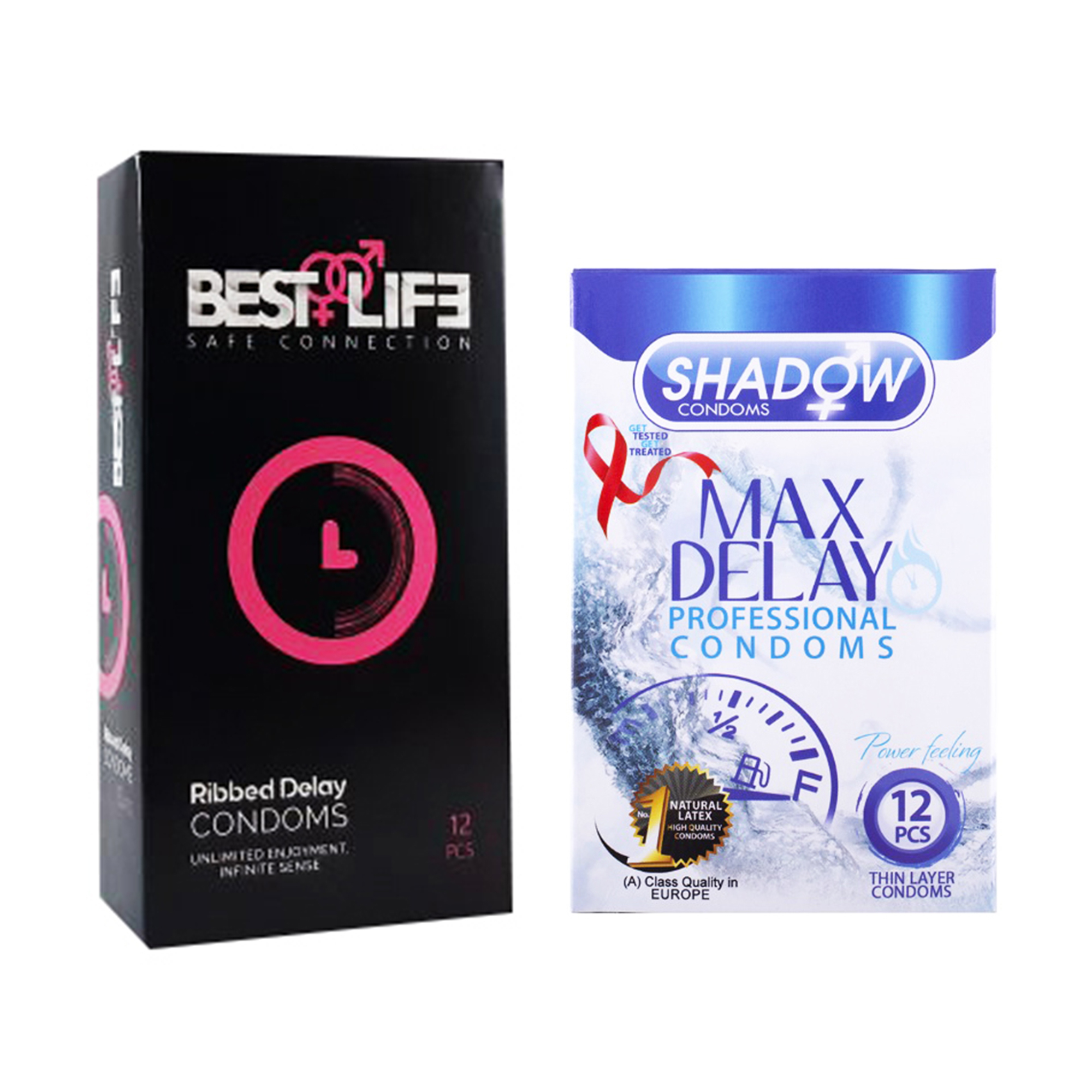 کاندوم بست لایف مدل Ribbed Delay بسته 12 عددی به همراه کاندوم شادو مدل Max Delay بسته 12 عددی
